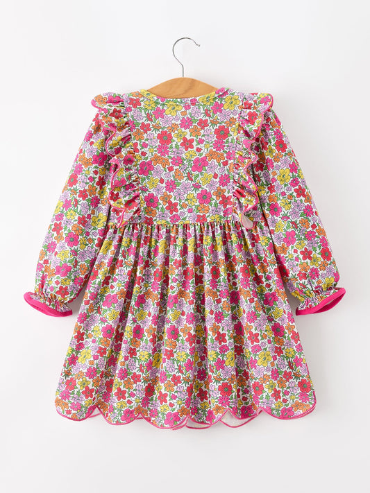 Hot Pink Bow Floral Girl Dress -