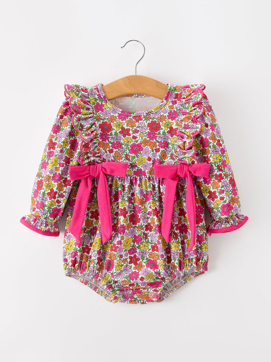 Hot Pink Bow Floral Girl Bubble Romper -