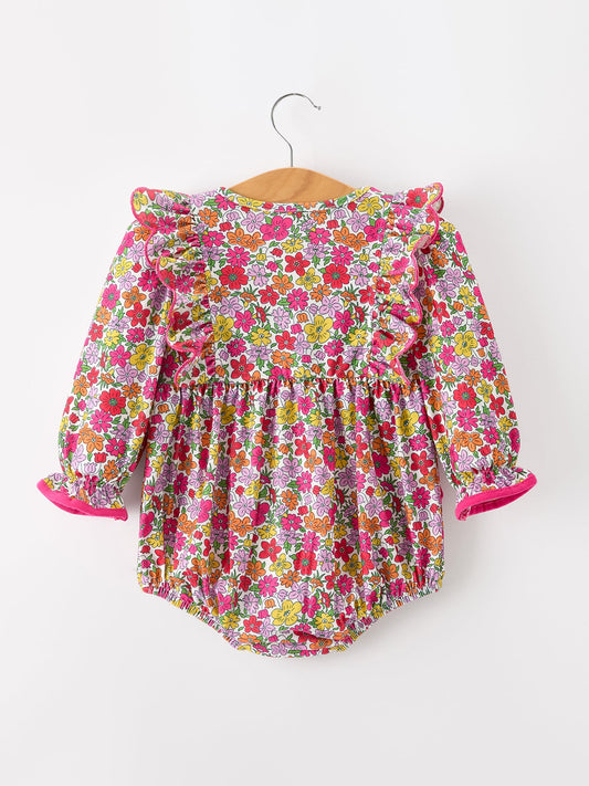 Hot Pink Bow Floral Girl Bubble Romper -