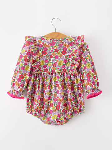 Hot Pink Bow Floral Girl Bubble Romper