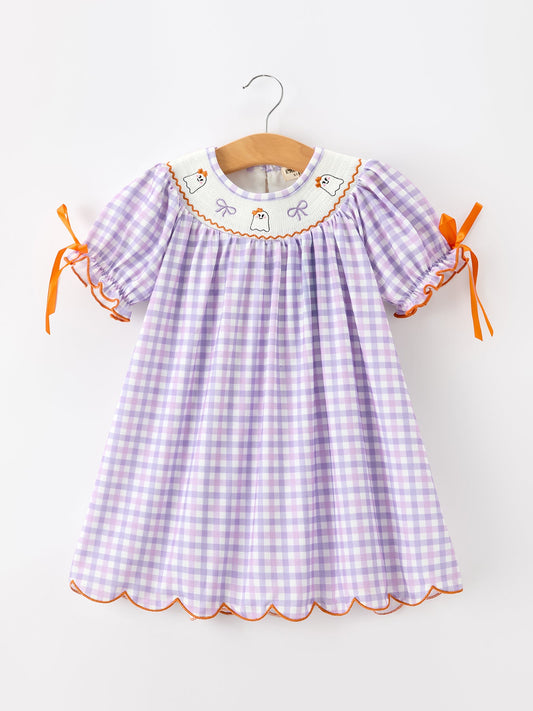 Halloween Ghost Plaid Bow Scallop Girls Dress -