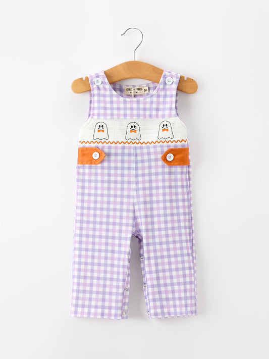 Halloween Ghost Plaid Smocked Baby Boy Romper -