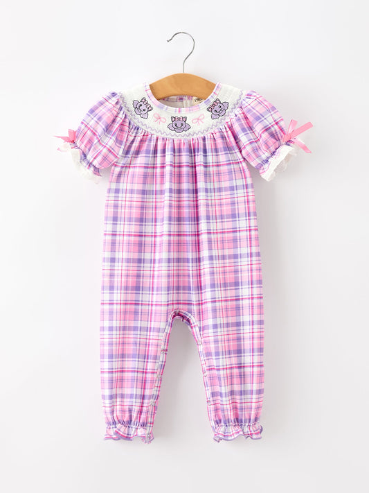 Halloween Plaid Bat Smocked Girls Romper -