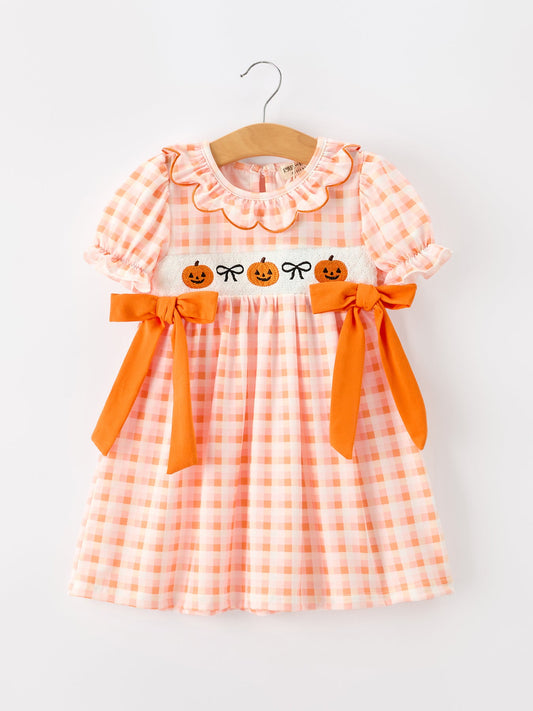 Halloween Pumpkin Plaid Bow Girls Dress -