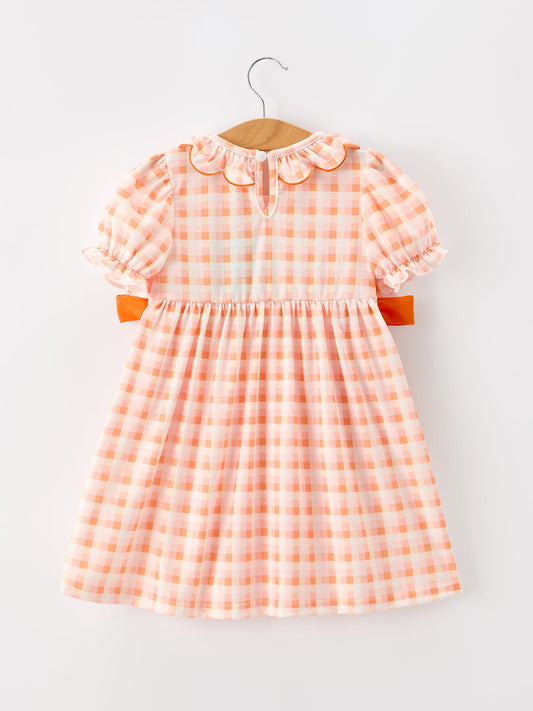 Halloween Pumpkin Plaid Bow Girls Dress -