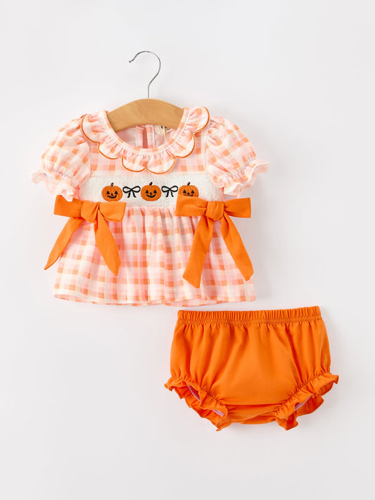 Halloween Pumpkin Plaid Girls Bloomer Set -