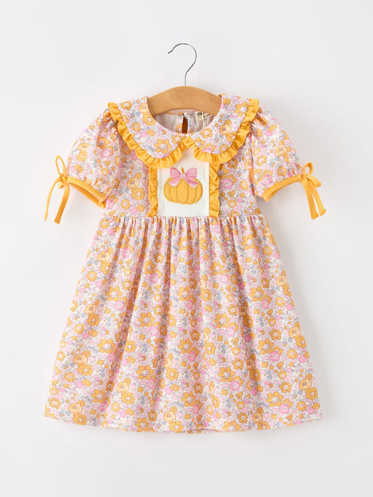 Halloween Pumpkin Floral Girls Dress -