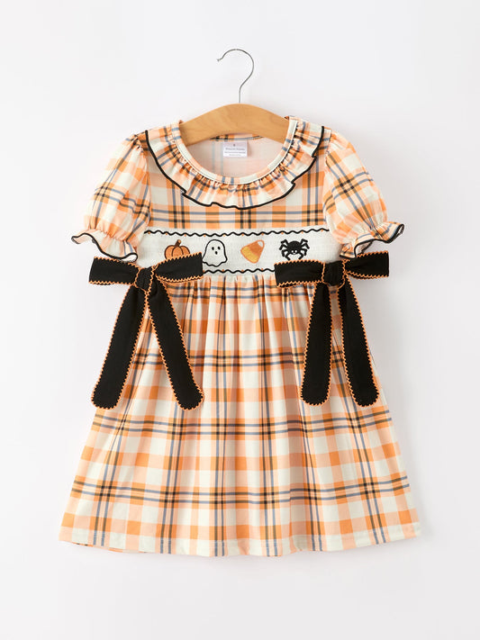 Halloween Plaid Smocked Girls Dress -