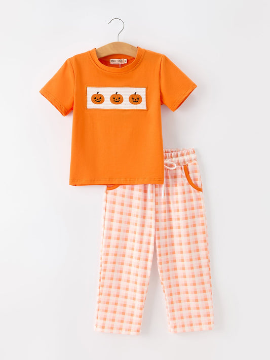Halloween Pumpkin Plaid Boys Pants Set -