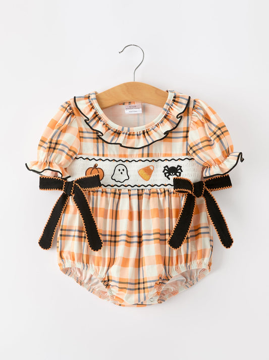 Halloween Plaid Smocked Baby Bubble Romper -