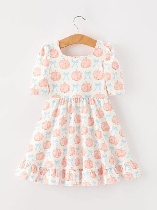 Halloween Thanksgiving Pumpkin Bow Girls Twirl Ruffle Dress -