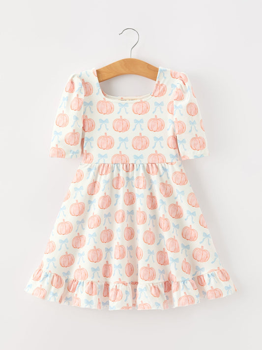 Halloween Thanksgiving Pumpkin Bow Girls Twirl Ruffle Dress -