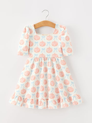 Halloween Thanksgiving Pumpkin Bow Girls Twirl Ruffle Dress