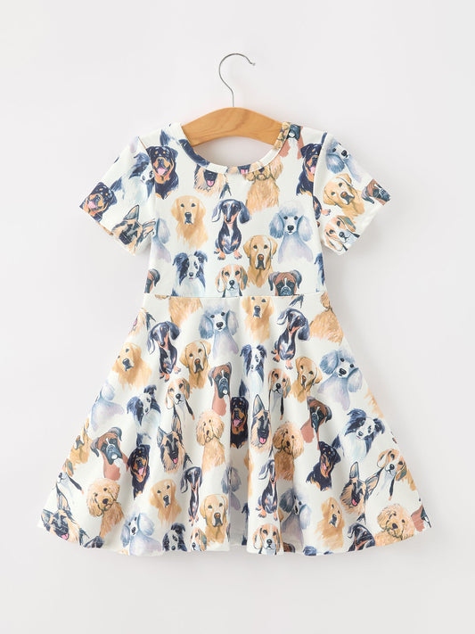Dog Print Girls Short Sleeve Twirl Dress -