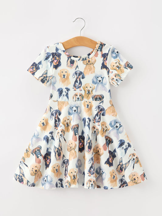 Dog Print Girls Short Sleeve Twirl Dress -