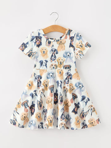 Dog Print Girls Short Sleeve Twirl Dress