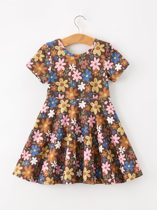 Fall Floral Twirl Girls Dress Short Sleeve -