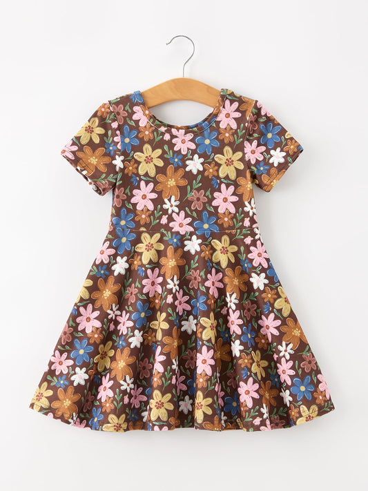 Fall Floral Twirl Girls Dress Short Sleeve -
