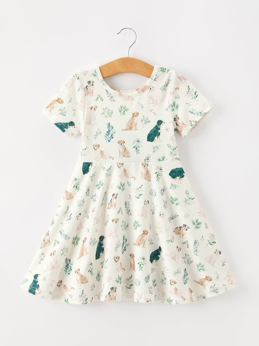 Puppy Floral Twirl Girls Dress -