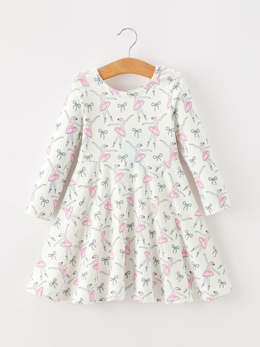 Fall Ballet Bow Girls Long Sleeve Twirl Dress -
