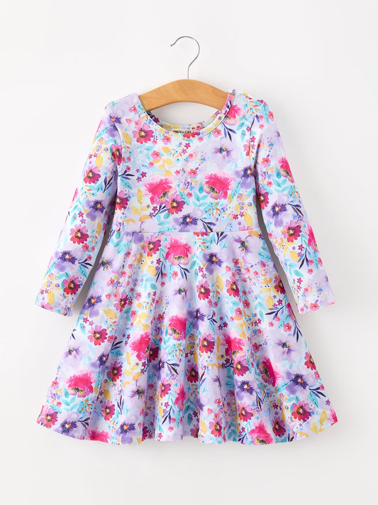 Fall Watercolor Floral Print Girls Ruffle Hem Twirl Dress -
