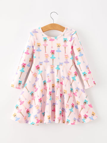 Fall Colorful Ballet Character Girls Long Sleeve Twirl Dress