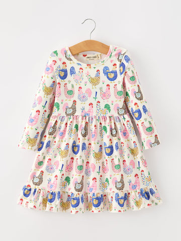 Fall Farm Chicken Print Girls Ruffle Hem Twirl Dress