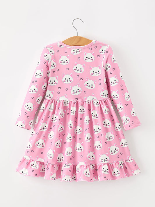 Fall Cat Print Girls Ruffle Hem Twirl Dress -