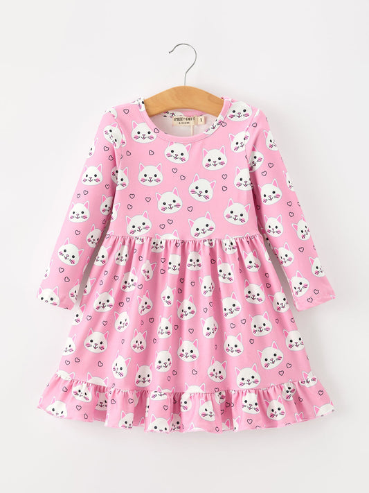Fall Cat Print Girls Ruffle Hem Twirl Dress -