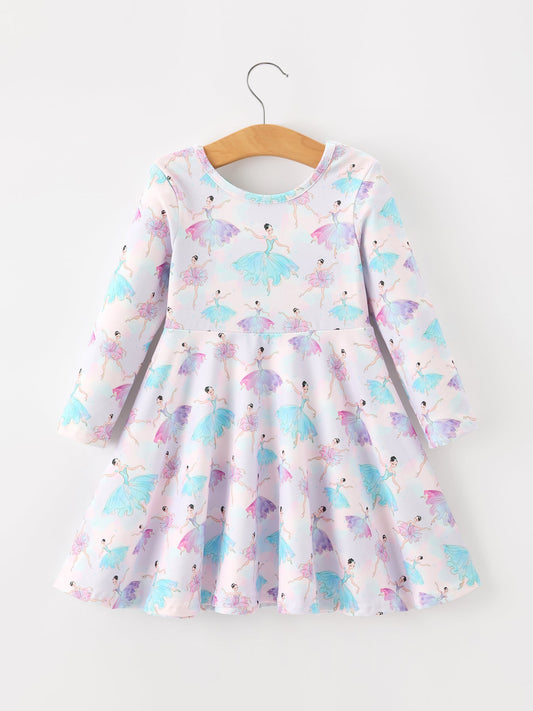 Fall Watercolor Ballet Girls Long Sleeve Twirl Dress -