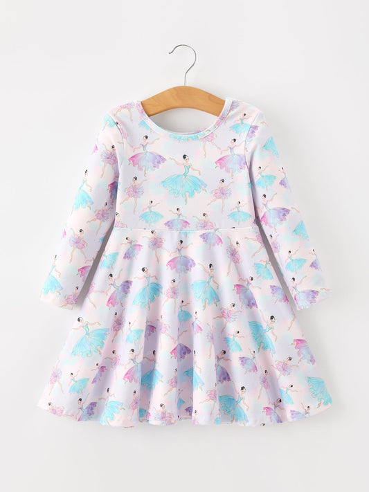 Fall Watercolor Ballet Girls Long Sleeve Twirl Dress -