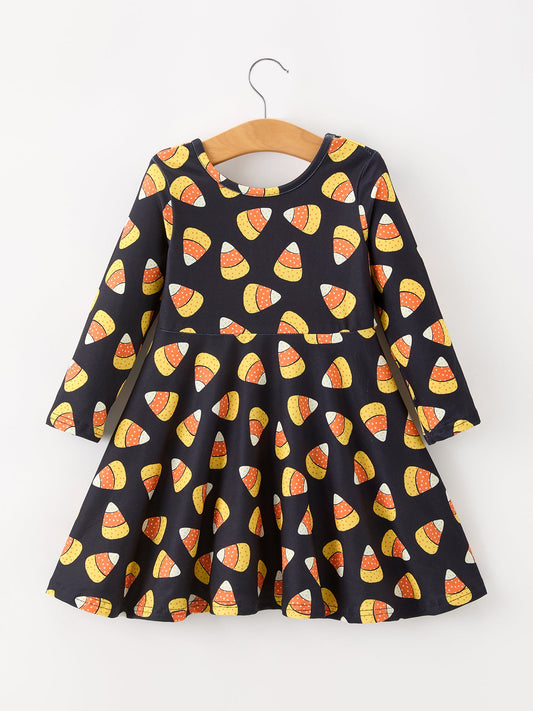 Halloween Candy Corn Girls Long Sleeve Twirl Dress -