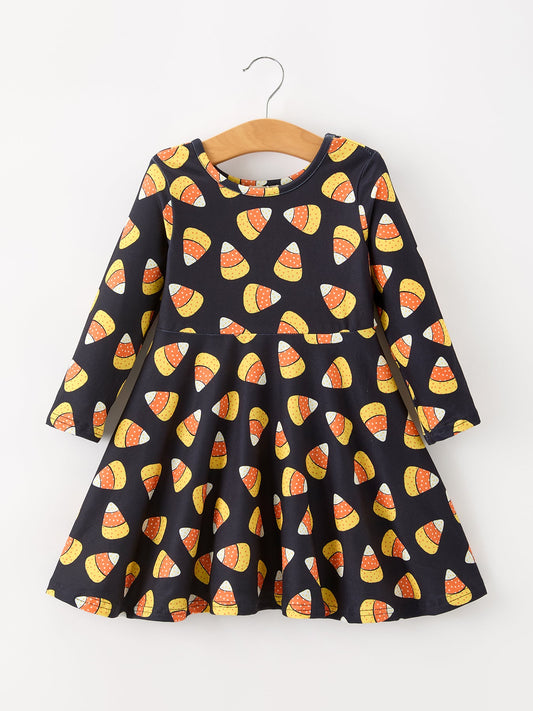 Halloween Candy Corn Girls Long Sleeve Twirl Dress -