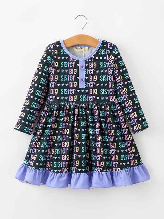 Big Sister Rainbow Letter Print Girls Ruffle Hem Dress -
