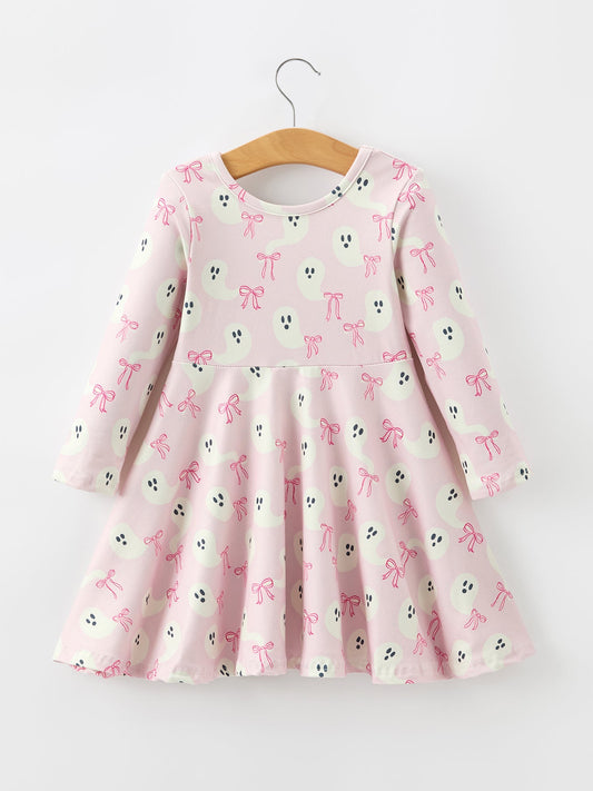 Halloween Ghost Bow Print Girls Long Sleeve Twirl Dress -
