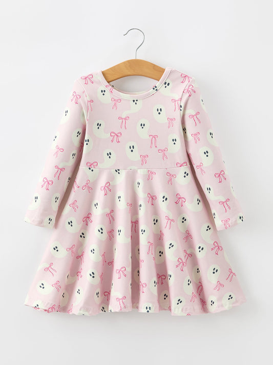 Halloween Ghost Bow Print Girls Long Sleeve Twirl Dress -