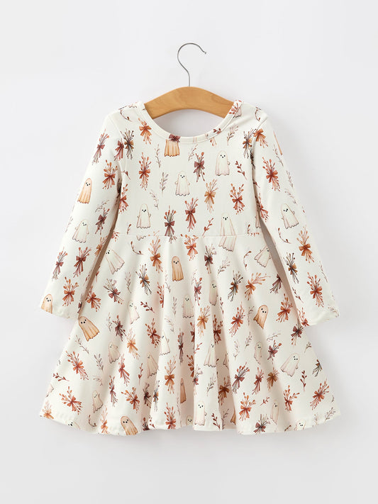 Halloween Ghost Floral Bow Girls Long Sleeve Twirl Dress -