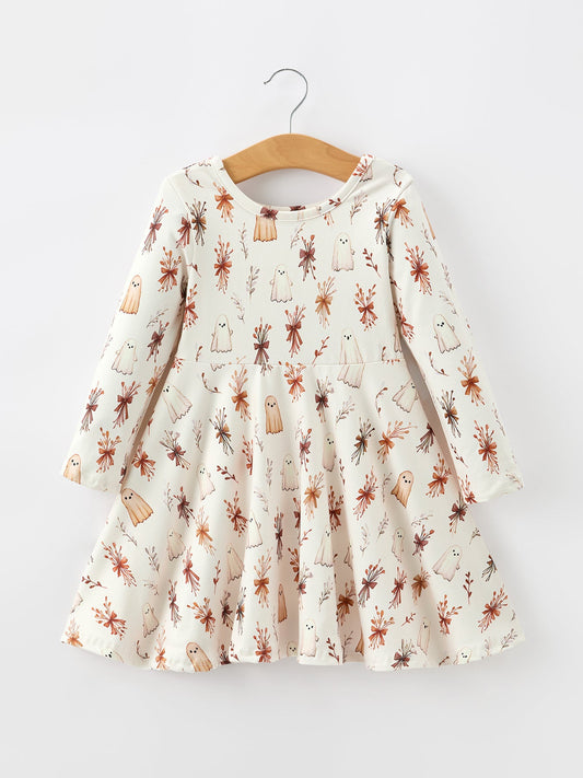 Halloween Ghost Floral Bow Girls Long Sleeve Twirl Dress -