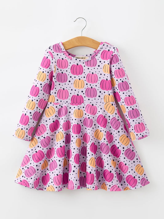 Halloween Pumpkin Print Girls Long Sleeve Twirl Dress -