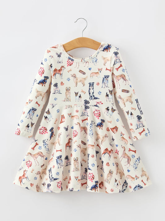 Fall Dog Print Girls Long Sleeve Twirl Dress -