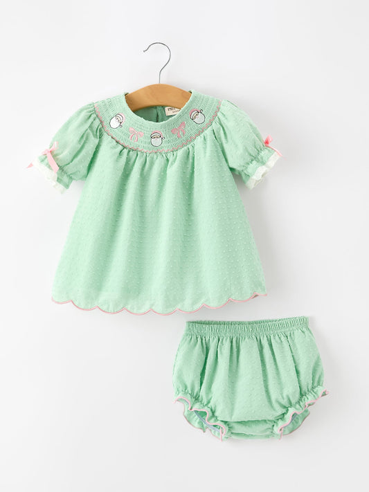 Christmas Mint Green Smocked Santa Baby Girl Bloomer Set -