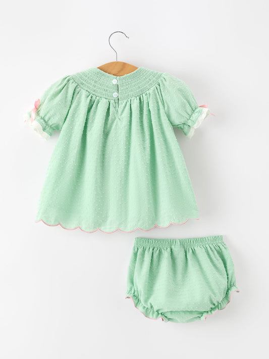 Christmas Mint Green Smocked Santa Baby Girl Bloomer Set -