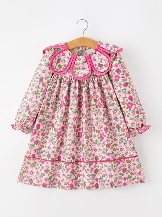 Hot Pink Floral Petals Collar Girl Dress -