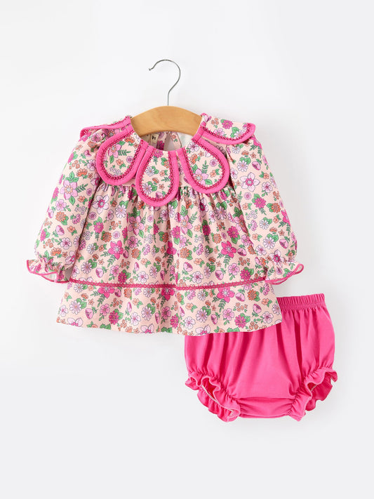 Hot Pink Floral Petals Collar Girl Bloomer Set -