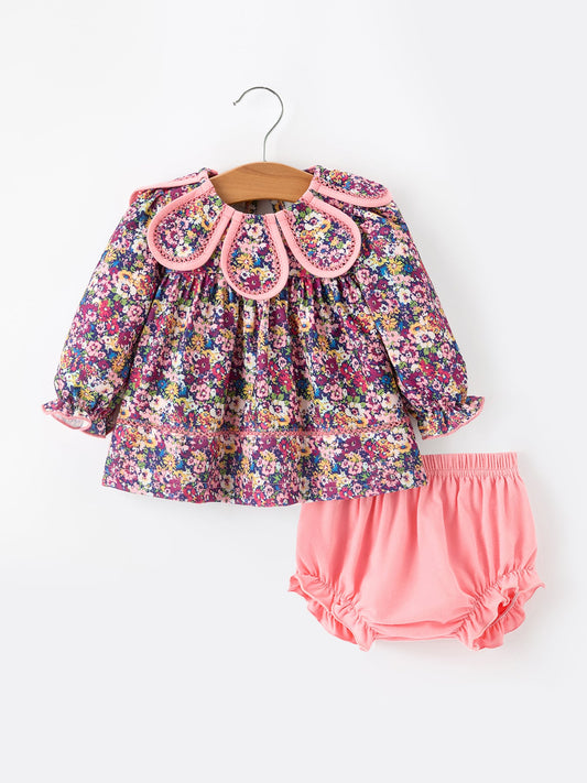 Pink Floral Petals Collar Girl Bloomer Set -