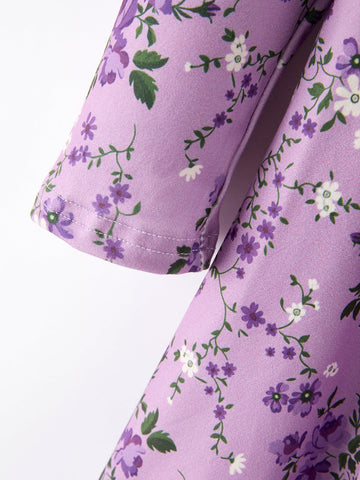 Fall Lavender Floral Print Girls Long Sleeve Twirl Dress