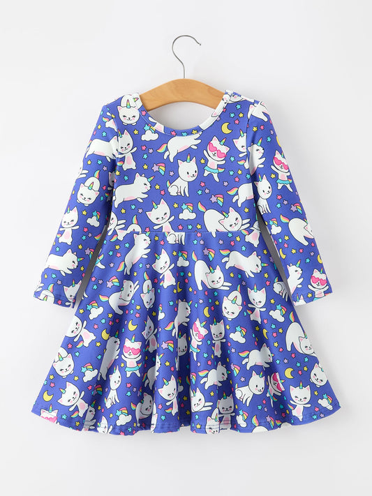Fall Ghost Cat Print Girls Long Sleeve Twirl Dress -