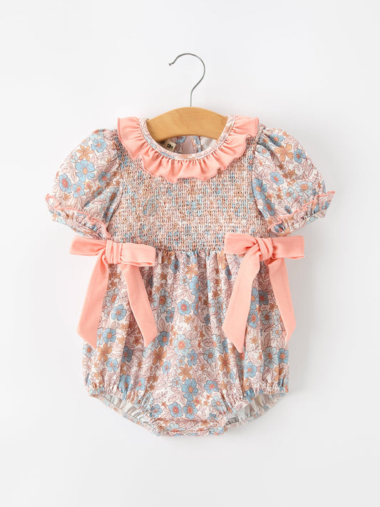 Fall Floral Baby Romper Smocked Ruffle Neck Bow -