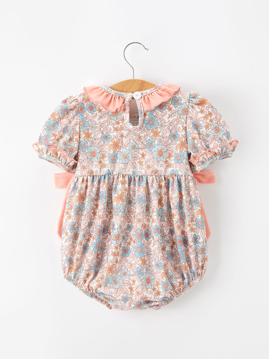 Fall Floral Baby Romper Smocked Ruffle Neck Bow -