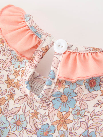 Fall Floral Baby Romper Smocked Ruffle Neck Bow